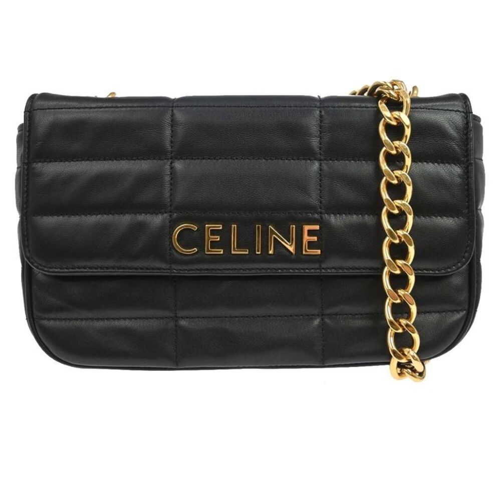 Celine Logo Chain Flap Quilted Goatskin Black Leather Handbag